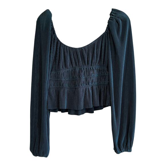 ASTR The Label Ziva Plisse Pleated Balloon Sleeve Peplum Top Deep Teal Size S - Picture 2 of 7